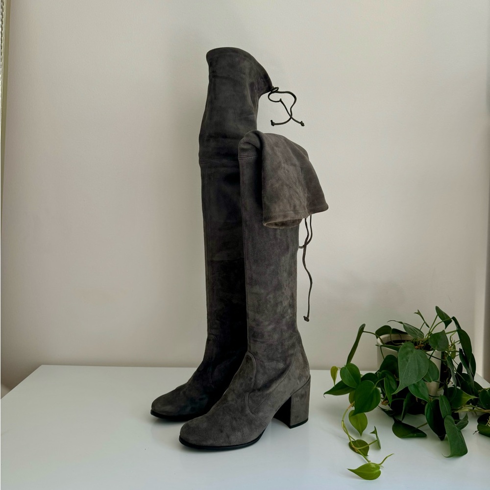 Stuart Weitzman Tieland Boots in Grey Suede (Over-the-Knee)